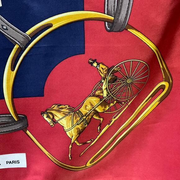 CELINE Paris 100% Silk Scarf Equestrian Motif Vintage Red Gold - Picture 13 of 16